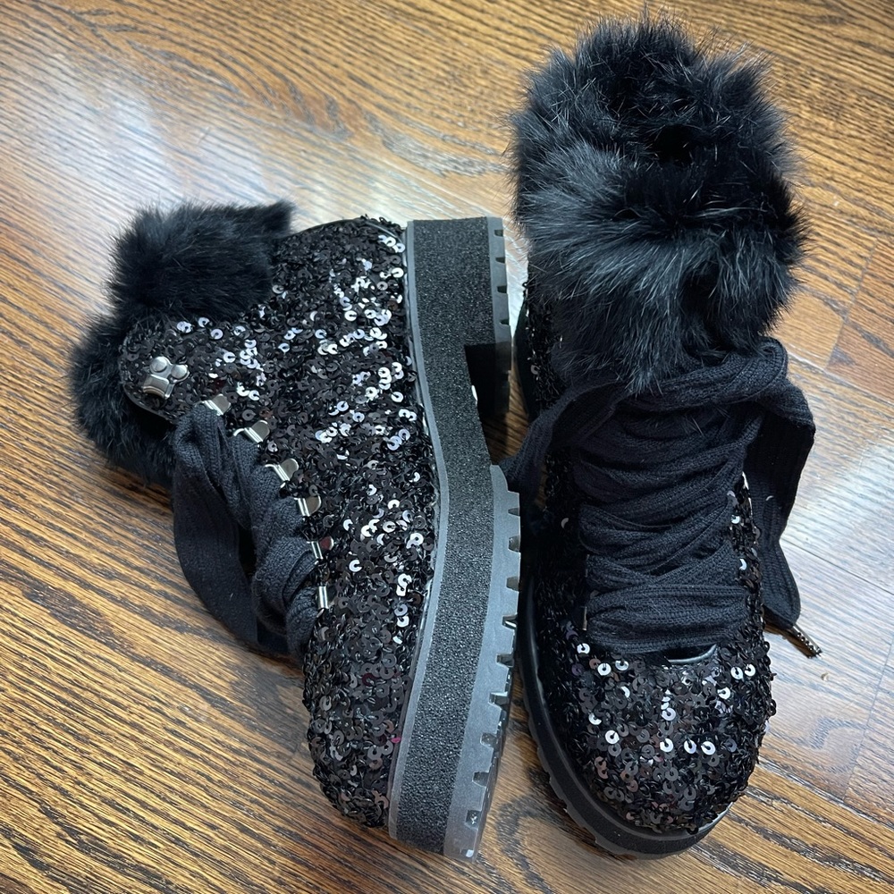 Fur lined lambskin and glitter boots